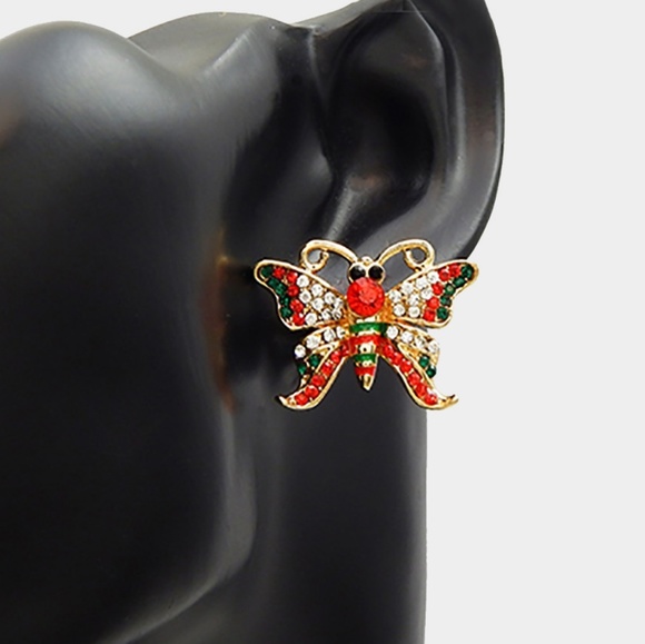 Jewelry - Red Green and Gold Crystal Butterfly Stud Earrings